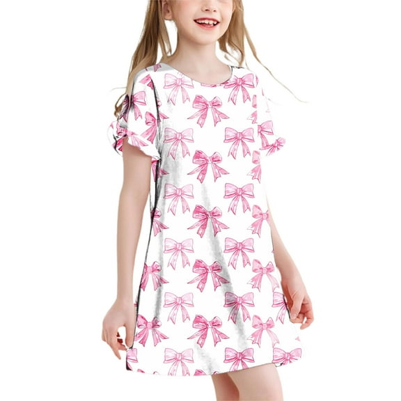 OGLCCG Girls Nightgowns Ruffle Short Sleeves Princess Nightgown Sleepwear Cute Bow Printed Soft Night Dress for Kids Toddler Girls 3-12 Years