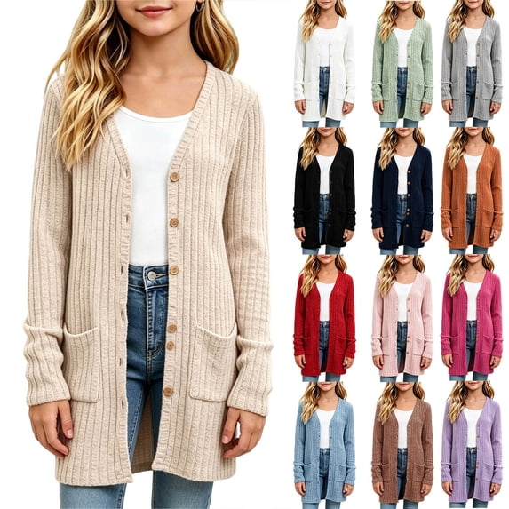 OGLCCG Cardigans for Girls Button Down Open Front Long Sleeve Ribbed Knit Cardigan Sweater Soft Coat with Pockets Size 5