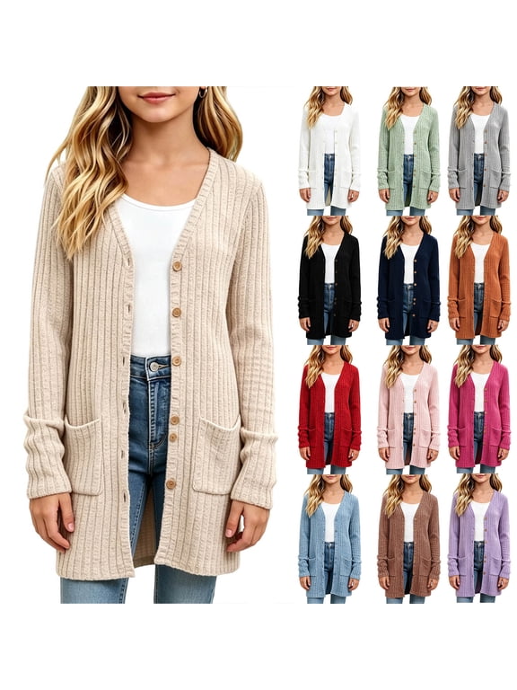 Cardigans for Girls Button Down Open Front Long Sleeve Ribbed Knit Cardigan Sweater Soft Coat with Pockets Size 7