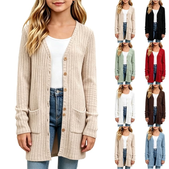 OGLCCG Cardigans for Girls Button Down Open Front Long Sleeve Ribbed Knit Cardigan Sweater Soft Coat with Pockets Size 5