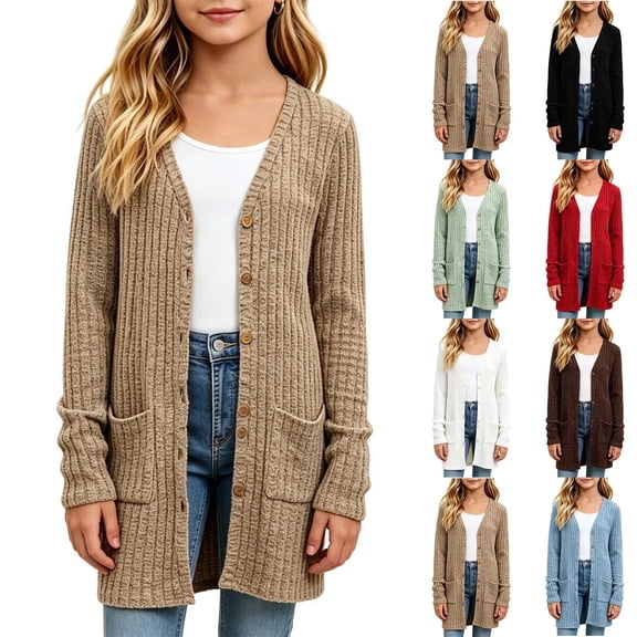OGLCCG Cardigans for Girls Button Down Open Front Long Sleeve Ribbed Knit Cardigan Sweater Soft Coat with Pockets Size 5