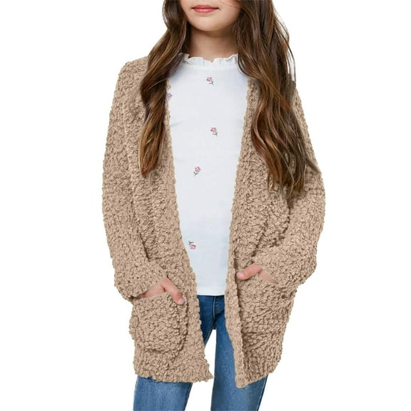 OGLCCG Girls Open Front Cardigan Long Sleeve Popcorn Knit Sweaters Outwear Lightweight Fall Winter Warm Soft Coat with Pockets 5-14 Years