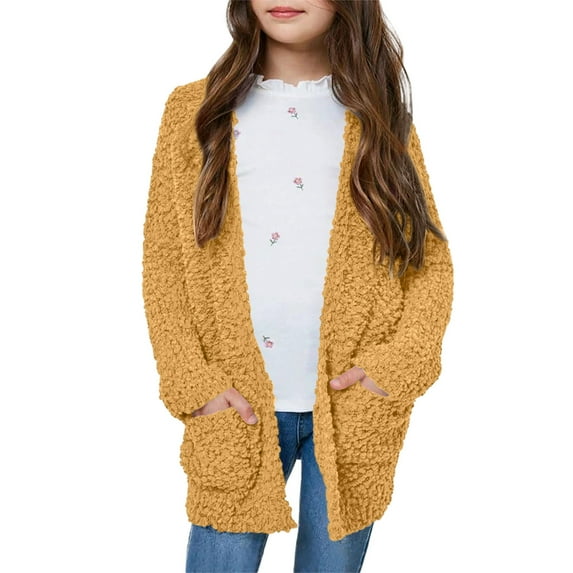 OGLCCG Girls Open Front Cardigan Long Sleeve Popcorn Knit Sweaters Outwear Lightweight Fall Winter Warm Soft Coat with Pockets 5-14 Years