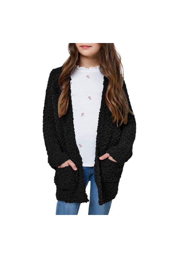 Girls Open Front Cardigan Long Sleeve Popcorn Knit Sweaters Outwear Lightweight Fall Winter Warm Soft Coat with Pockets 5-14 Years