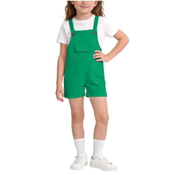 OGLCCG Girls Overalls Shorts Solid Color Sleeveless Suspender Romper Kids Summer Casual Cute Short Bib Jumpsuit with Pocket 2-15 Years
