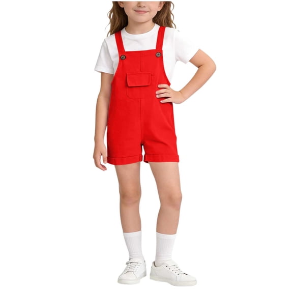 OGLCCG Girls Overalls Shorts Solid Color Sleeveless Suspender Romper Kids Summer Casual Cute Short Bib Jumpsuit with Pocket 2-15 Years