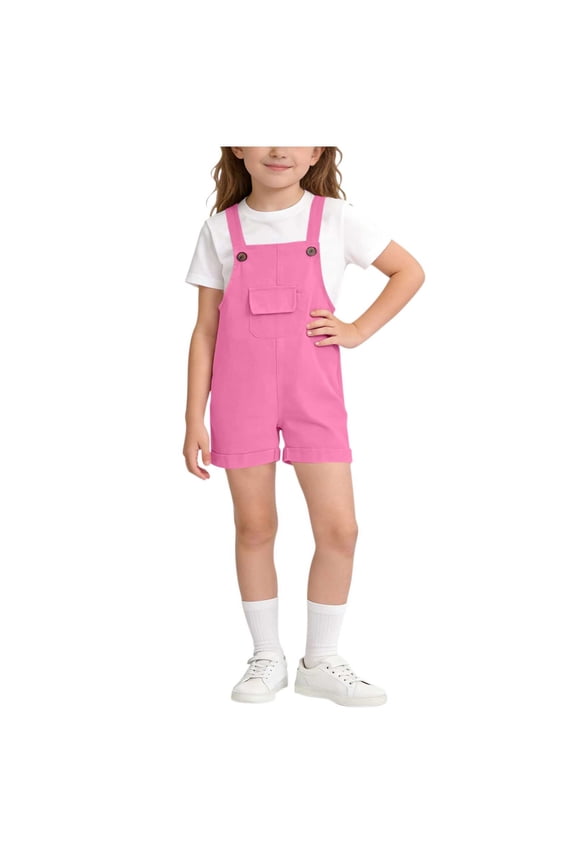 Girls Overalls Shorts Solid Color Sleeveless Suspender Romper Kids Summer Casual Cute Short Bib Jumpsuit with Pocket 2-15 Years
