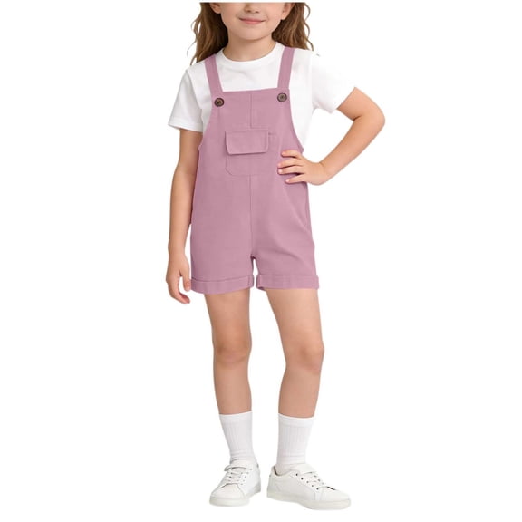 OGLCCG Girls Overalls Shorts Solid Color Sleeveless Suspender Romper Kids Summer Casual Cute Short Bib Jumpsuit with Pocket 2-15 Years