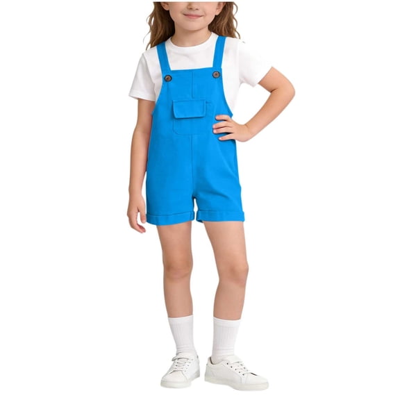 OGLCCG Girls Overalls Shorts Solid Color Sleeveless Suspender Romper Kids Summer Casual Cute Short Bib Jumpsuit with Pocket 2-15 Years