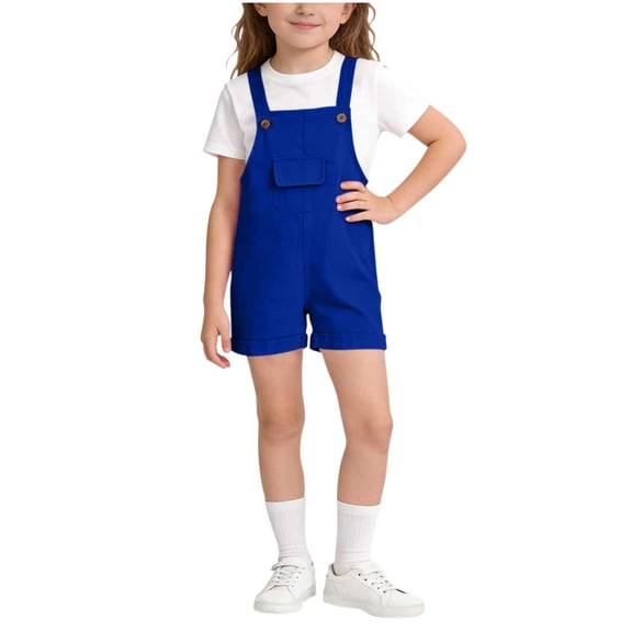 OGLCCG Girls Overalls Shorts Solid Color Sleeveless Suspender Romper Kids Summer Casual Cute Short Bib Jumpsuit with Pocket 2-15 Years