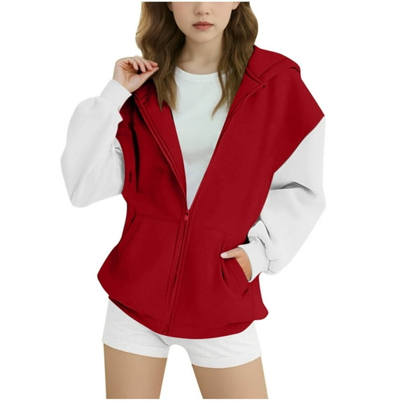 OGLCCG Girls Oversized Full Zip Hoodie Casual Long Sleeve Sweatshirts Cute Loose Fit Color Block Jackets with Pockets 4-15 Years