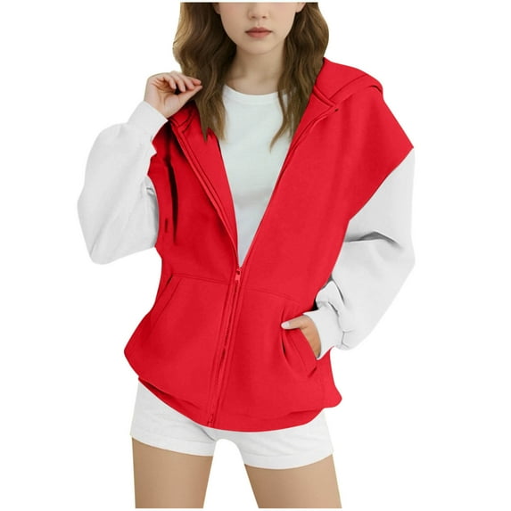 OGLCCG Girls Oversized Full Zip Hoodie Casual Long Sleeve Sweatshirts Cute Loose Fit Color Block Jackets with Pockets 4-15 Years