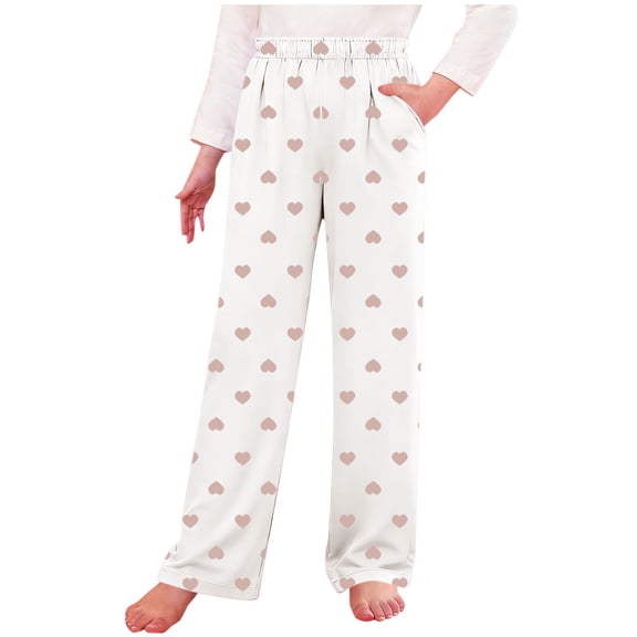 OGLCCG Girls Pajama Pants Cute Hearts Printed Long Sleep Pants Soft Elastic Waist Baggy Lounge Pj Bottoms with Pockets 4-16 Years
