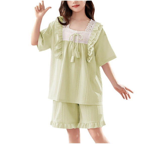 OGLCCG Girls Pajamas Set 2 Piece Cotton Short Sleeve Sleepwear Top and Ruffle Shorts Casual Lightweight Solid Color Loungewear Sets 4-18 Years