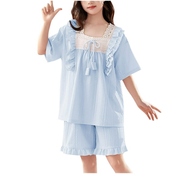 OGLCCG Girls Pajamas Set 2 Piece Cotton Short Sleeve Sleepwear Top and Ruffle Shorts Casual Lightweight Solid Color Loungewear Sets 4-18 Years