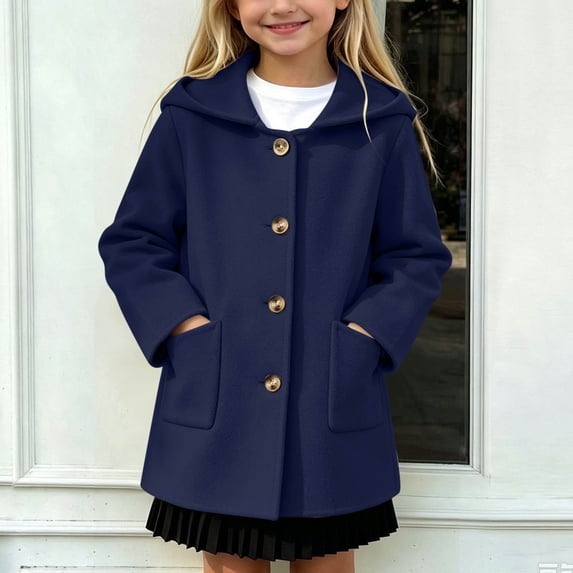 OGLCCG Girls Peacoat Girls Single Breasted Hooded Dress Coat with Pockets Fall Winter Long Coat for Wedding Daily(Navy,10-11 Years)