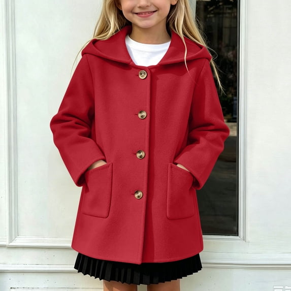 OGLCCG Girls Peacoat Girls Single Breasted Hooded Dress Coat with Pockets Fall Winter Long Coat for Wedding Daily(Red,12-13 Years)