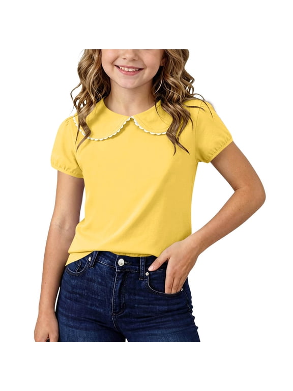 Girls Peter Pan Collar Shirt Puff Short Sleeve Basic Top Blouse Kids Solid Color Cotton Summer Tees 0-9 Years