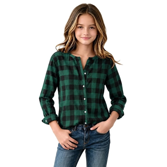 OGLCCG Girls Plaid Button Down Shirts Crewneck Long Sleeve Gingham Tops Kids School Uniform Dress Shirts(Army Green,10-12 Years)