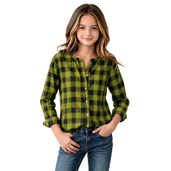 OGLCCG Girls Plaid Button Down Shirts Crewneck Long Sleeve Gingham Tops Kids School Uniform Dress Shirts(Yellow,14-16 Years)