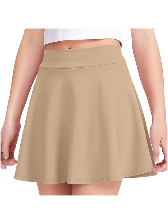 Girls Pleated Skirt Casual Stretch Waist Flared Plain Pleated Mini Skater Skirt High Waisted A Line School Uniform Skirts 4-15 Years