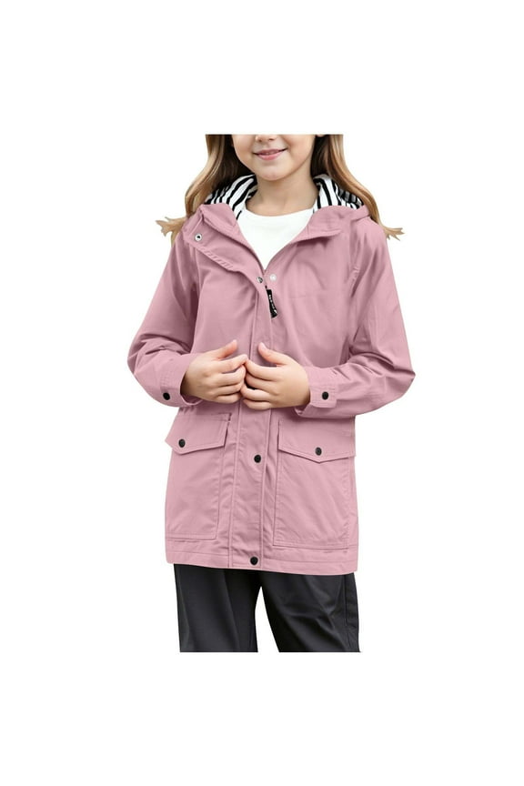 Girls Rain Jacket Long Sleeve Waterproof Hooded Raincoats for Kids Outdoor Full Zipper Solid Color Windbreaker with Pockets 5-16 Years