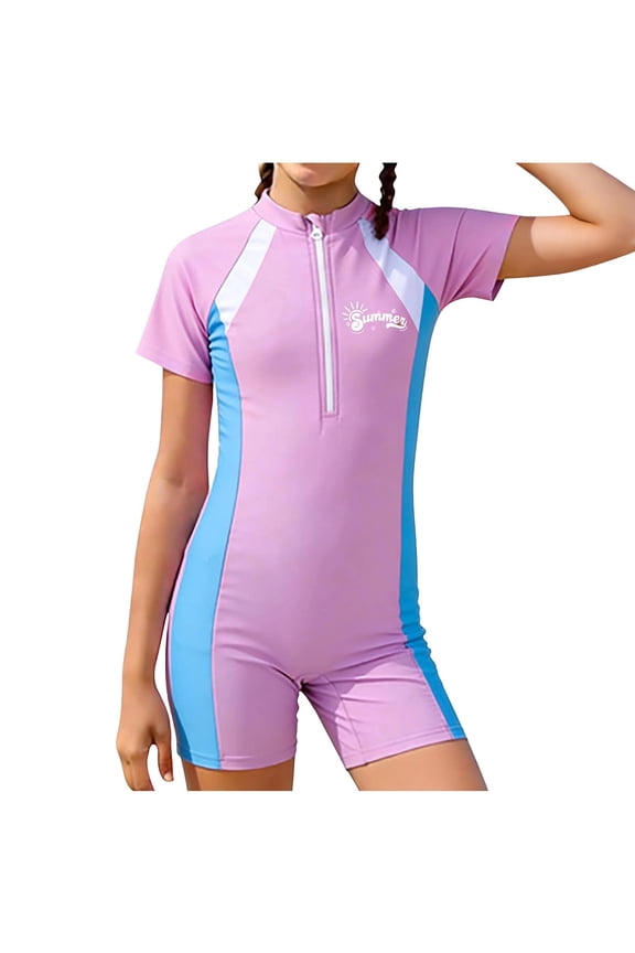 Girls Rash Guard Swimsuit Short Sleeve Half Zip Color Block Full-Coverage Ahtletic Bathing Suit Summer Beach Swimwear 3-14 Years