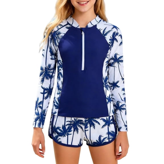 OGLCCG Girls Rash Guard Swimsuit Two Piece Bathing Suit Set Colorblock Long Sleeve UPF 50 Sun Protection Summer Swimwear 6-13 Years