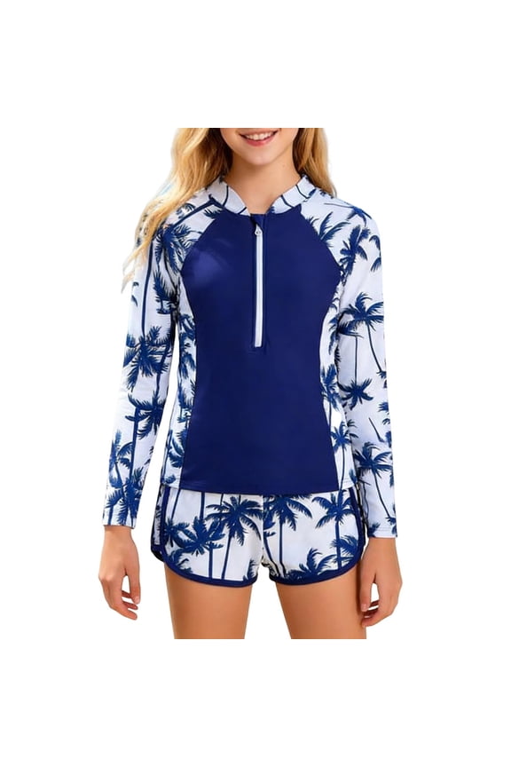 Girls Rash Guard Swimsuit Two Piece Bathing Suit Set Colorblock Long Sleeve UPF 50+Sun Protection Summer Swimwear 6-13 Years
