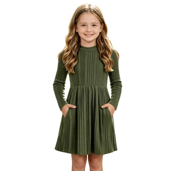OGLCCG Girls Ribbed Knit Sweater Dress Crewneck Long Sleeve A-Line Dresses Fall Casual Flowy Swing Dress with Pockets(Green,7-8 Years)