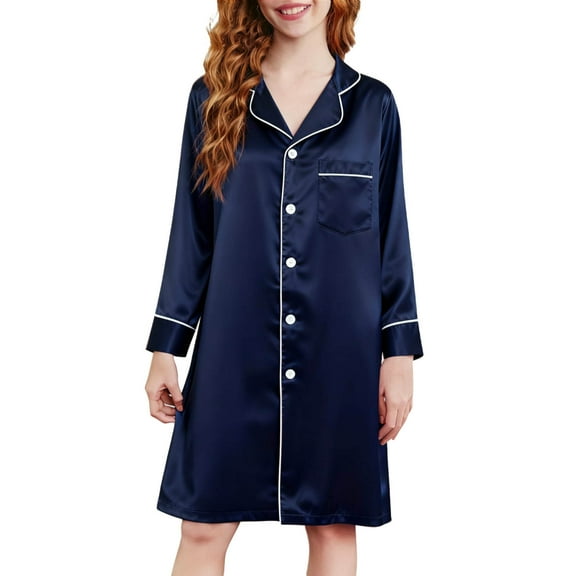 OGLCCG Girls Satin Pajamas Dress V Neck Button Down Silky Sleepwear Nightgown Loose Fit Long Sleeve Nightshirt Dresses with Chest Pocket 2-13 Years