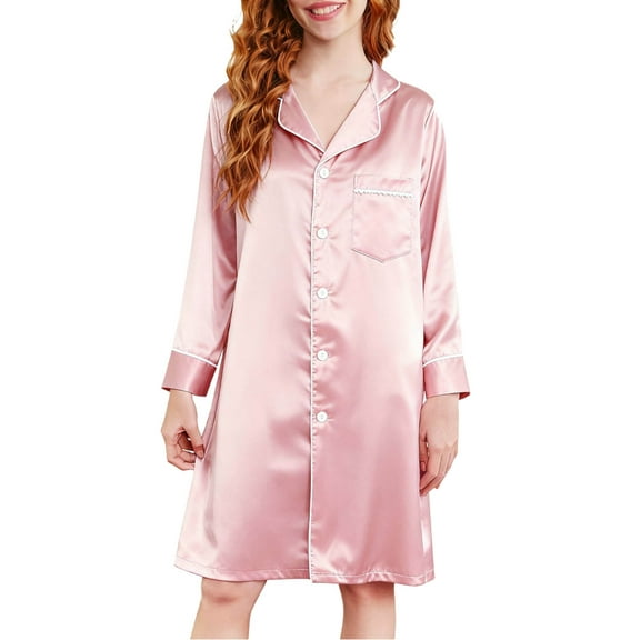 OGLCCG Girls Satin Pajamas Dress V Neck Button Down Silky Sleepwear Nightgown Loose Fit Long Sleeve Nightshirt Dresses with Chest Pocket 2-13 Years