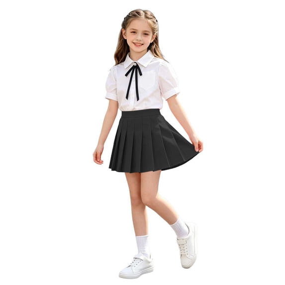 OGLCCG Girls' School Uniform Outfit Cute 3 Piece Set with Short Sleeve Button Down Shirt and Pleated Skirt,2-15 Years
