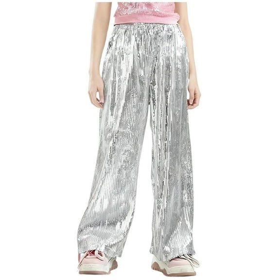 OGLCCG Girls Sequin Flare Pants Sparkle Elastic Waist Wide Leg Glitter Disco Dance Pants with Pockets Trendy Party Loose Fit Trousers 3-15 Years