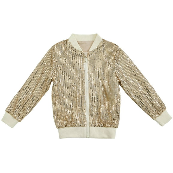 OGLCCG Girls Sequin Jacket Kids Glitter Sparkle Long Sleeves Full Zipper Bomber Coat Kids Birthday Party Shiny Dance Shiny Outwear 2-10 Years