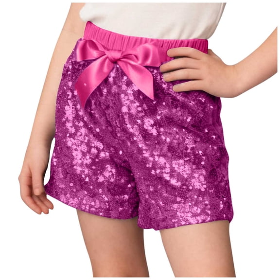 OGLCCG Girls Sequin Shorts Sparkles Elastic Waist Cute Bow Shorts for Party Clubwear Solid Color Soft Metallic Shorts 0-10 Years
