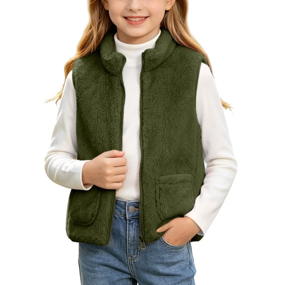 OGLCCG Girls Sherpa Fleece Vest Kids Full Zip Fuzzy Sleeveless Jacket with Pockets Lightweight Soft Warm Winter Coat(Army Green,8-9 Years)