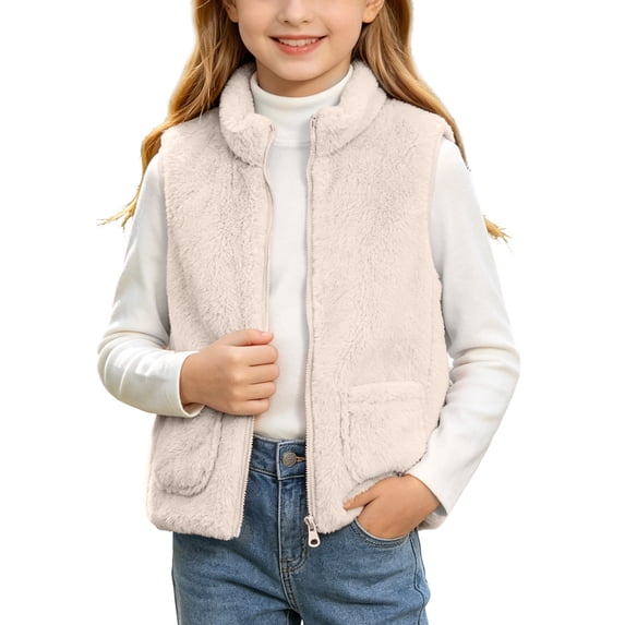 OGLCCG Girls Sherpa Fleece Vest Kids Full Zip Fuzzy Sleeveless Jacket with Pockets Lightweight Soft Warm Winter Coat(Beige,8-9 Years)