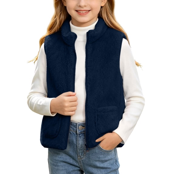 OGLCCG Girls Sherpa Fleece Vest Kids Full Zip Fuzzy Sleeveless Jacket with Pockets Lightweight Soft Warm Winter Coat(Navy,12-13 Years)