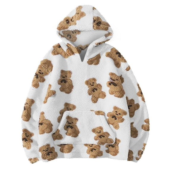 OGLCCG Girls Sherpa Hoodie Cute Bear Fuzzy Fleece Pullover Sweatshirt for Girl Winter Soft V Neck Casual Hooded Tops With Pockets 4-15 Years