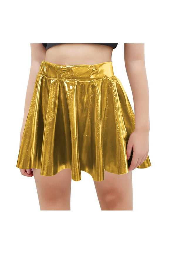 Girls Shiny Mini Skirts Elastic Waist Sparkle A-Line Pleated Flared Skater Skirt Belly Dance Flared Skirts Rave Disco Metallic Skirt 4-14 Years