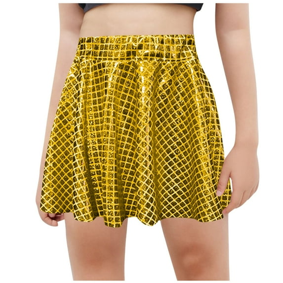 OGLCCG Girls Shiny Mini Skirts Elastic Waist Sparkle A-Line Pleated Flared Skater Skirt Belly Dance Flared Skirts Rave Disco Metallic Skirt 4-14 Years