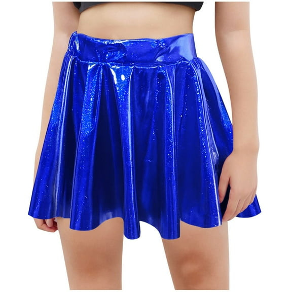 OGLCCG Girls Shiny Mini Skirts Elastic Waist Sparkle A-Line Pleated Flared Skater Skirt Belly Dance Flared Skirts Rave Disco Metallic Skirt 4-14 Years