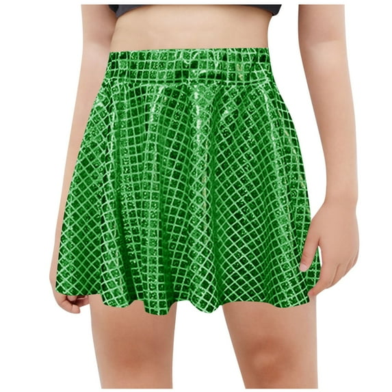 OGLCCG Girls Shiny Mini Skirts Elastic Waist Sparkle A-Line Pleated Flared Skater Skirt Belly Dance Flared Skirts Rave Disco Metallic Skirt 4-14 Years