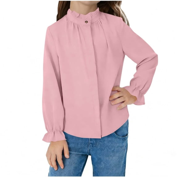 OGLCCG Girls Shirt Kids Ruffle Long Sleeve Stand Up Collared Uniform Shirt Tops Solid Color Formal Blouse for School 3-12 Years