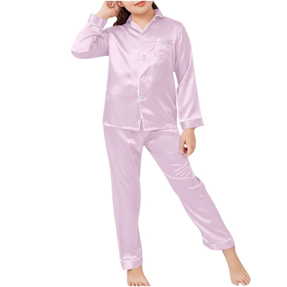 OGLCCG Girls Silk Lounge Set Soft Satin Long Sleeve Button Down Tops and Long Pants for Nights Lightweight House Wear Stes 4-14 Years