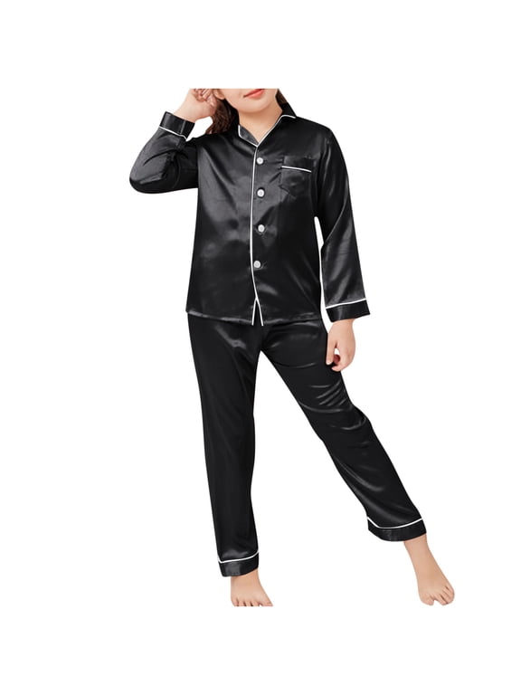 Girls Silk Lounge Set Soft Satin Long Sleeve Button Down Tops and Long Pants for Nights Lightweight House Wear Stes 4-14 Years