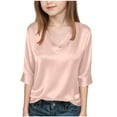 thumbnail image 1 of OGLCCG Girls Silk Satin Blouse Dressy Casual V Neck 3/4 Length Sleeve Tees Tops Solid Color Lightweight Summer T Shirts 4-15 Years, 1 of 7