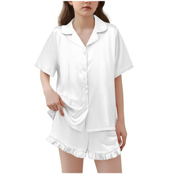OGLCCG Girls Silk Satin Pajama Set 2 Piece Short Sleeve Button Down Pjs Top and Short Sets Soft Sleepwear Nightwear for Teens Girls 5-15 Years