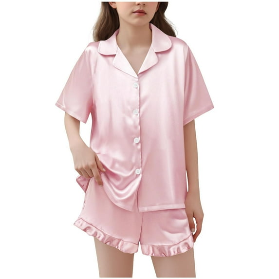 OGLCCG Girls Silk Satin Pajama Set 2 Piece Short Sleeve Button Down Pjs Top and Short Sets Soft Sleepwear Nightwear for Teens Girls 5-15 Years